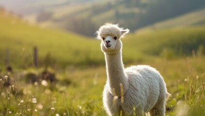 Obraz premium Springtime on a Lithuanian farm featuring a white alpine sheep highlighting pastoral landscape and animal husbandry