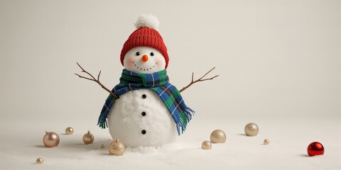 Snowman wearing a scarf and cap with a red carrot nose on a plain white background, ideal for winter greeting cards