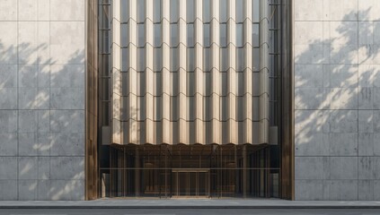 Contemporary office facade featuring geometric glass panels and shadow play, focusing on exterior architecture style, Earth Day