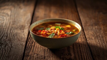 Vegetable and herb minestrone in a bowl, shot at an angle to highlight vibrant presentation for food styling