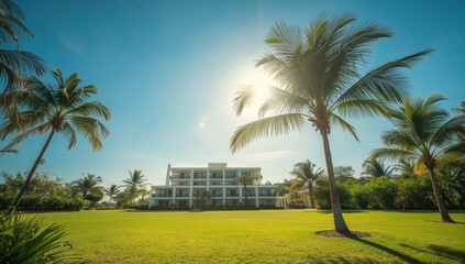 Hotel skyline with palms and summer landscape, emphasizing travel and nature, Earth Day