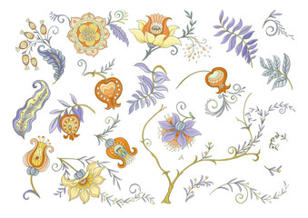 Naklejka premium Set of vintage floral elements. Ornate hand-drawn botanical motifs for classic design. Flowers, foliage, stems create refined backgrounds for textile, wallpaper, and heritage projects.