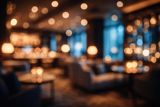 Upscale hotel lounge blurred with cool cinematic round bokeh light effect for design background