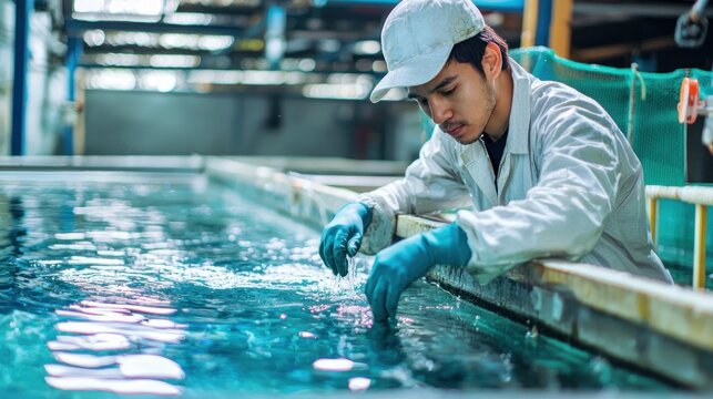 A man in a white lab coat and blue gloves is working in a fish tank, possibly handling fish.