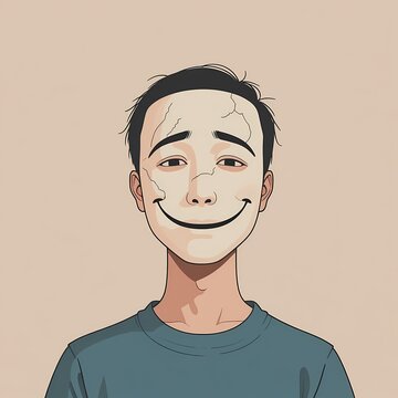 Conceptual illustration of a person wearing a forced smile mask, symbolizing emotional suppression, persona, and toxic positivity. Visual metaphor for hidden stress, burnout, and inner conflict.