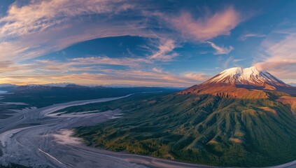 Avachinsky volcano in Kamchatka during sunset, highlighting geological formation and lighting conditions