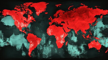 A globally mapped projection showcasing vast swathes of continents highlighted in red against a dark textured background