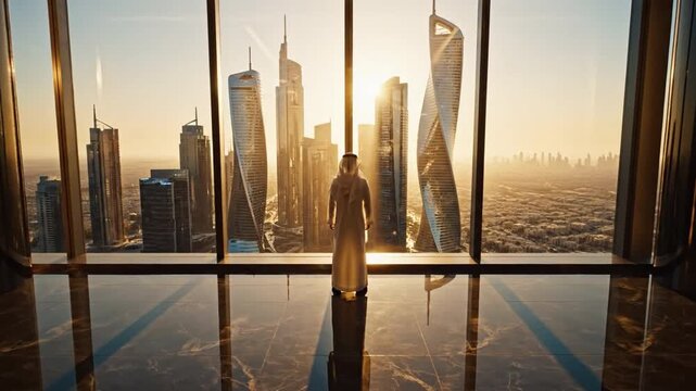 Visionary Vantage: A figure stands before a panoramic view of a modern cityscape, bathed in the warm glow of the setting sun, inspiring a sense of ambition, power, and forward thinking.