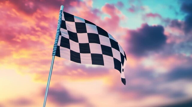 Checkered flag waving in the sky during sunset at the race track