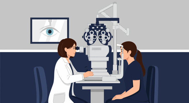 Eye Examination with Optometrist Using Phoropter Machine.