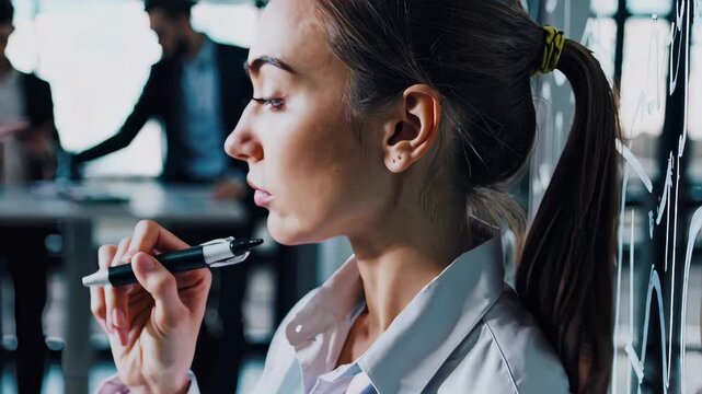 close-up of a focused young woman writing on a transparent glass board with a marker, collaborative brainstorming session, blurred colleagues in the background