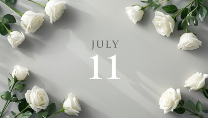Arrangement of white roses along the edges of pastel grey backdrop with calendar date, suitable for floral or event backgrounds, July 11th