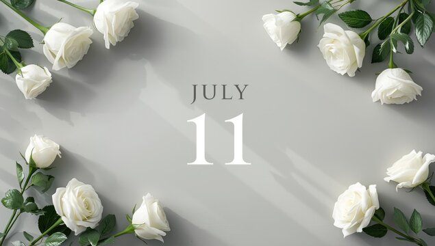 Arrangement of white roses along the edges of pastel grey backdrop with calendar date, suitable for floral or event backgrounds, July 11th - Powered by Adobe