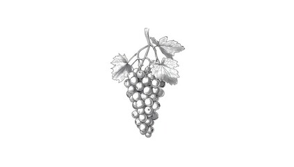 Fototapeta premium Black and white grape and wine vine clip art featuring berries and foliage, ideal for organic farming or vineyard signage.