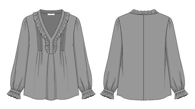 Fashion illustration of a detailed grey long-sleeved blouse with pleating and ruffled cuffs front and back views