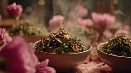 Rose Petal Herbal Tea Steaming In Bowls