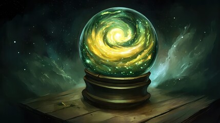 A glowing crystal ball displays a swirling galaxy nebula with vibrant colors and starlight on a wooden surface