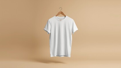 Clothes hanger holding white t-shirt against vibrant backdrop, ideal for fashion presentation