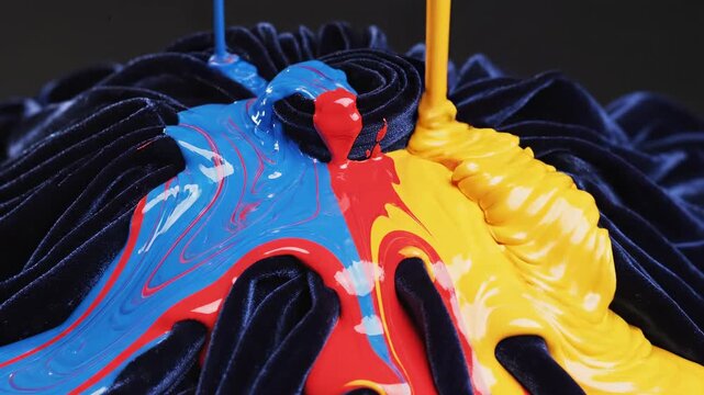 Extremely slow motion capture of thick viscous primary colored paint dramatically cascading down and coating complex sculptural pleated fabric folds shiny, art background, modern art
