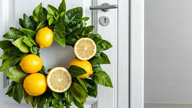 Vibrant lemon wreath rotating on door with lush green leaves