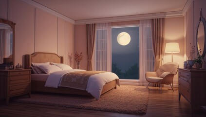 Cartoon depiction of a modern bedroom scene at night, including a double bed, nightstand, and moonlit window for restful ambiance