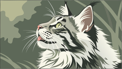 Stylized Tabby Cat Vector Art Portrait Looking Upwards Digital Illustration