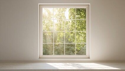 Fototapeta premium Green foliage illuminated by sunlight seen through a window, enhancing interior ambiance