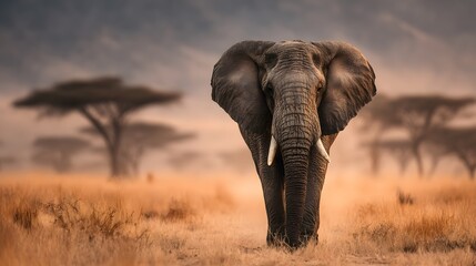 Obraz premium Majestic African elephant walks directly toward the camera in the savanna with acacia trees in the background under golden hour lighting.