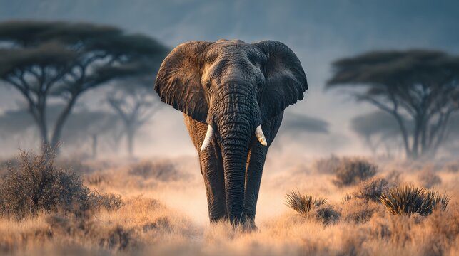 Majestic African elephant walks directly toward the camera in the savanna with acacia trees in the background under golden hour lighting.
