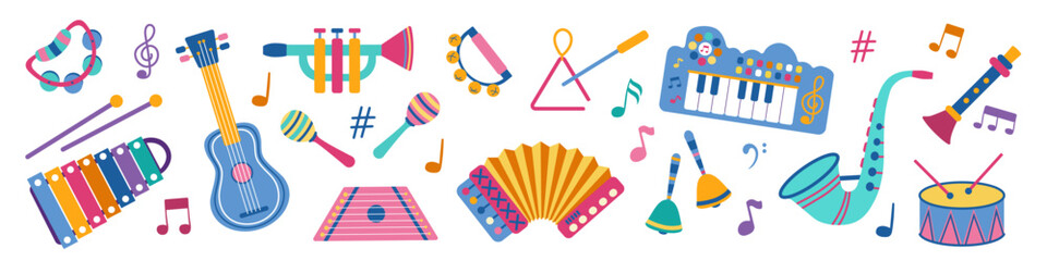 Big set of children's musical instruments. Vector illustration of musical toys guitar, piano, xylophone, maracas, flute, saxophone, bells. © Катерина Тышковская