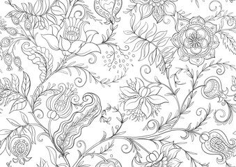 Botanical floral seamless ornament. Vintage hand drawn pattern with ornate garden flowers, leaves and intricate decorative swirls for textile wallpaper. Classic elegant motif design.