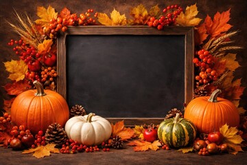 Thanksgiving seasonal setup with pumpkins berries and autumn foliage on chalkboard
