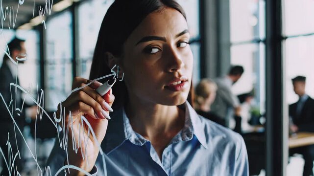 close-up of a focused young woman writing on a transparent glass board with a marker, collaborative brainstorming session, blurred colleagues in the background