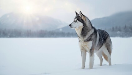 Naklejka premium Husky breed resting on natural surface, emphasizing alertness and companionship, World Animal Day
