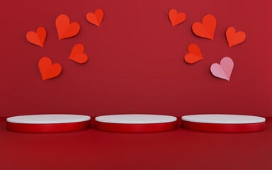 Happy valentines day and stage podium decorated with heart shape on red background
