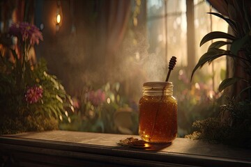 Honey Jar In Rustic Garden Setting