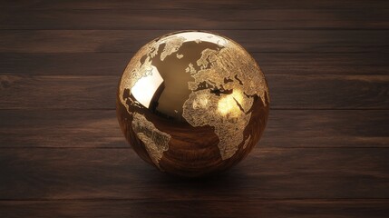 A large polished brass sphere engraved with a world map rests on a dark wooden surface
