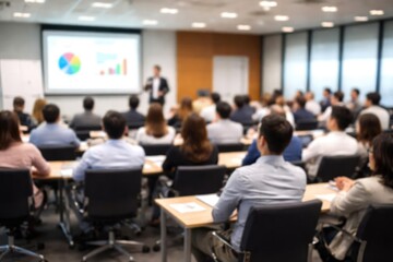 Blurred corporate training session with visual aids in conference environment