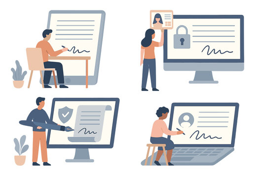 People working on electronic documents and identity verification at different computers and screens during a busy day