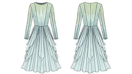 Obraz premium Elegant long-sleeved tiered gown fashion illustration showcasing intricate pleating and layered skirt design