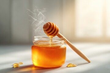Honey Dripping From Wooden Dipper Into Jar