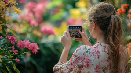 Young girl taking photo of colorful flowers with smartphone in garden. Creativity, childhood curiosity and mobile photography concept.