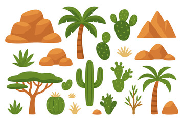 Desert landscape with various plants, rocks, and cacti arranged in a simple graphic style © Alan
