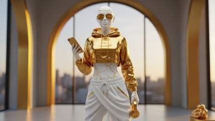 Futuristic Cyborg Woman in Golden Hoodie Holding Smartphone, Kintsugi Marble Skin, Luxury Cyberpunk Style 3D Render