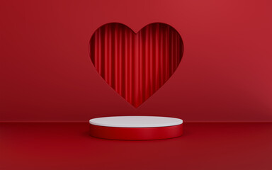Red stand product podium valentine with curtain in heart shape