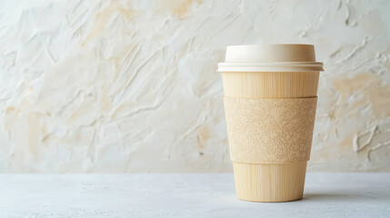 Reusable bamboo coffee cup with lid on neutral background. Eco-friendly lifestyle, zero waste concept and sustainable product mockup.