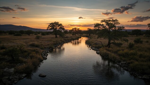 Pedernales River in Texas Hill Country during sunset, landscape capturing vibrant colors