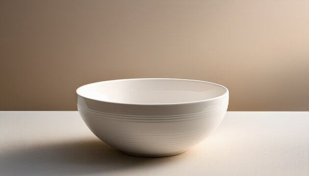 white bowl sitting on a white surface the bowl is empty and appears to be made of ceramic or porcelain it is placed against a plain beige wall