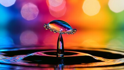 a high speed macro photograph of a single perfectly formed water droplet falling refracting a vibrant multi colored rainbow bokeh background as it approaches a liquid surface