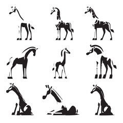 Set of vector silhouettes of giraffe animals on a white background
